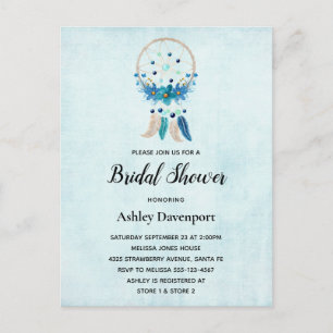 Invitation Carte Postale Bleu Dreamcatcher avec Fleurs & Plumes