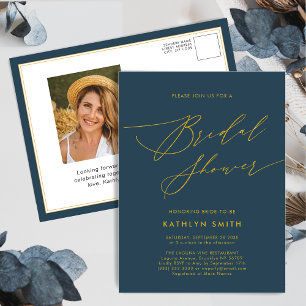Invitation Carte Postale Bleu Élégant Gold Script Fête des mariées minimali