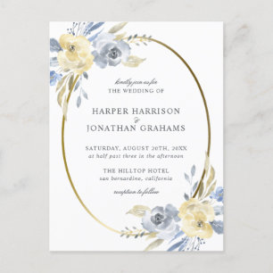 Invitation Carte Postale Bleu et jaune floral ovale   Mariage élégant