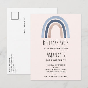 Invitation Carte Postale Bleu et Pêche Arc-en-ciel Design Boho Anniversaire