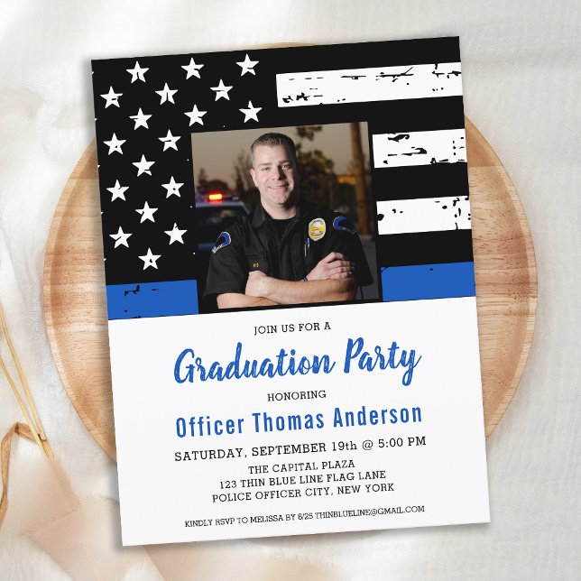 Invitation Carte Postale Bleu Léger Drapeau Officier de police Graduation (Créateur téléchargé)