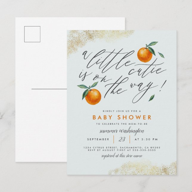 Invitation Carte Postale Bleu Moderne Un Baby shower Orange Petit Cutie (Devant / Derrière)