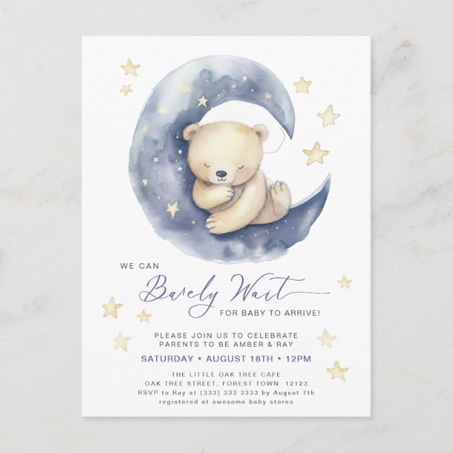 Invitation Carte Postale Bleu On Peut Attendre De Mignons Baby showers Garç (Devant)