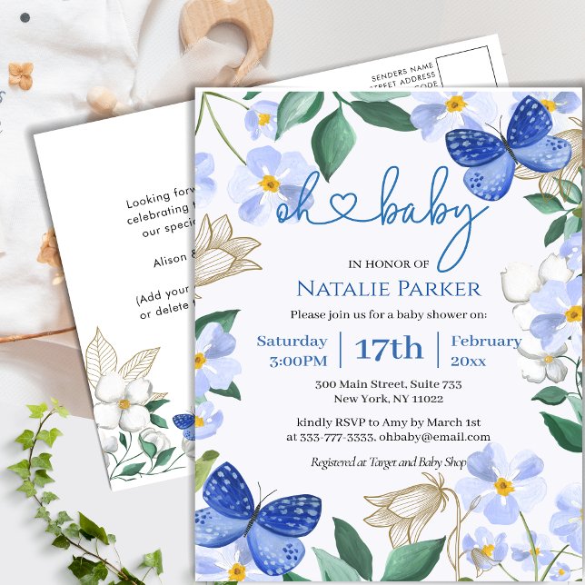 Invitation Carte Postale Bleu Papillon Floral Folio Baby shower garçon (Créateur téléchargé)