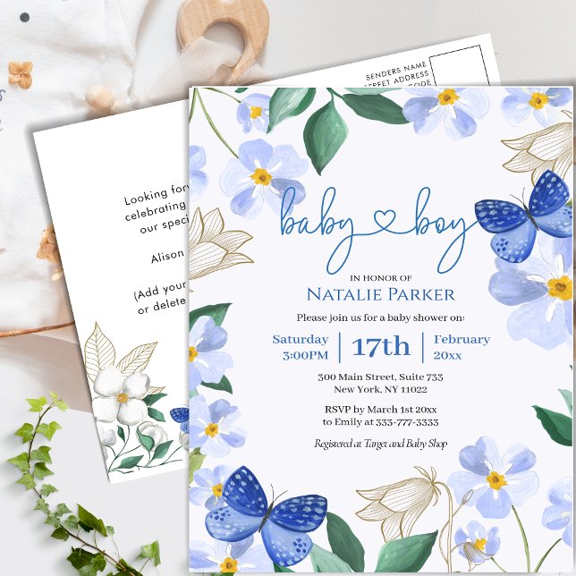 Invitation Carte Postale Bleu Papillon Floral Folio Baby shower garçon (Créateur téléchargé)