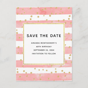 Invitation Carte Postale Bleu rose et Confetti or Enregistrer la date