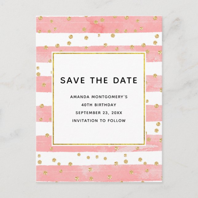 Invitation Carte Postale Bleu rose et Confetti or Enregistrer la date (Devant)