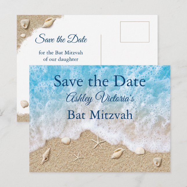 Invitation Carte Postale Blue Beach Waves Bat Mitzvah Save the Date (Devant / Derrière)