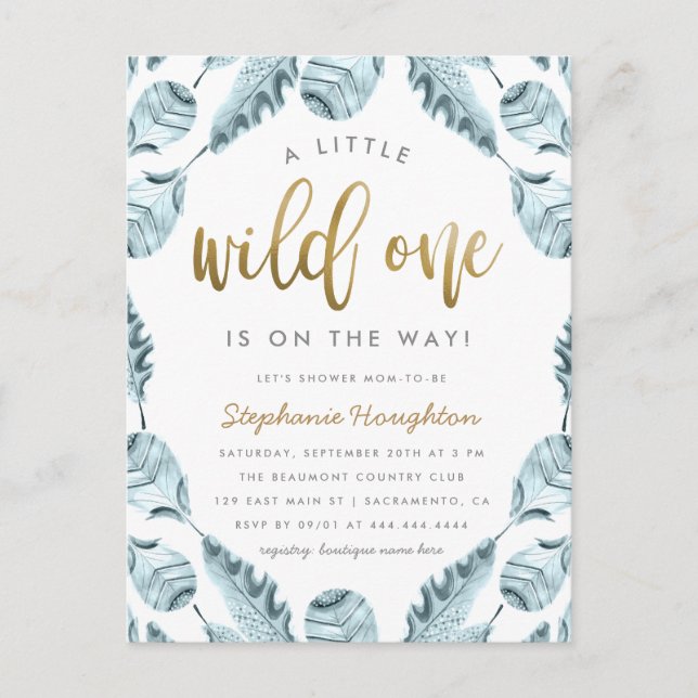 Invitation Carte Postale Blue Boho Feathers Gold Wild One Boy Baby shower (Devant)