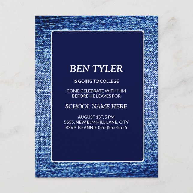 Invitation Carte Postale Blue Denim-Look Alway to College Card (Devant)