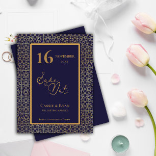 Invitation Carte Postale Blue Gold Intricate Design Wedding Enregistrer la 