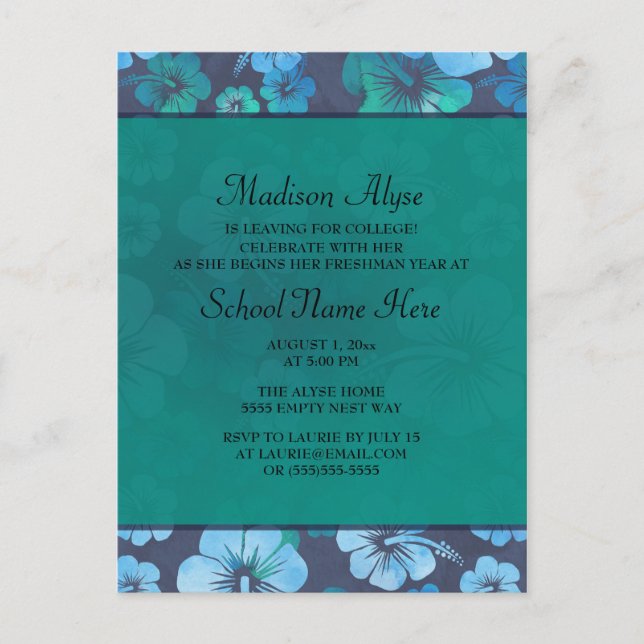Invitation Carte Postale Blue Green Tropical Floral Trunk Party College (Devant)