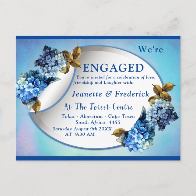 Invitation Carte Postale Blue Hydrangeas Watercolor fleurs Fiançailles (Devant)