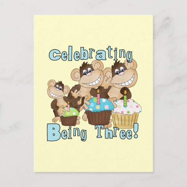 Invitation Carte Postale Blue Party Monkeys 3e anniversaire T-shirts et cad (Devant)
