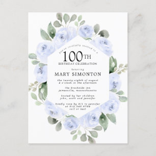 Invitation Carte Postale Blue Rose Floral Eucalyptus 100e anniversaire