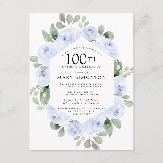 Invitation Carte Postale Blue Rose Floral Eucalyptus 100e anniversaire (Devant)