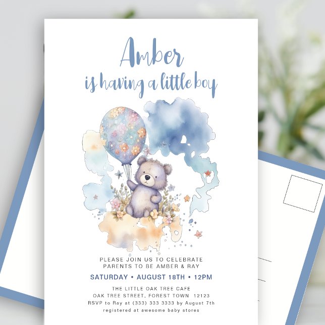 Invitation Carte Postale Blue Teddy Bear Balloon mignonne Baby shower garço (Créateur téléchargé)