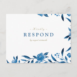 Invitation Carte Postale Blue Watercolor floral Chinoiserie Wedding RSVP