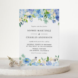 Invitation Carte Postale Blue Watercolor Hydrangea et Rose QR Code Mariage