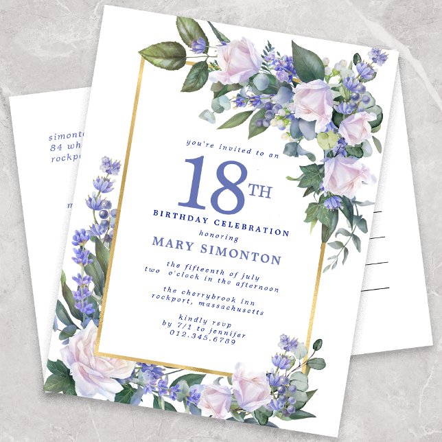 Invitation Carte Postale Blue White Gold Floral 18e fête d'anniversaire (Créateur téléchargé)