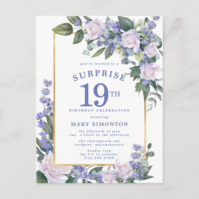 Invitation Carte Postale Blue White Gold Floral 19e Anniversaire surprise (Devant)