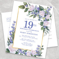 Blue White Gold Floral 19e fête d'anniversaire