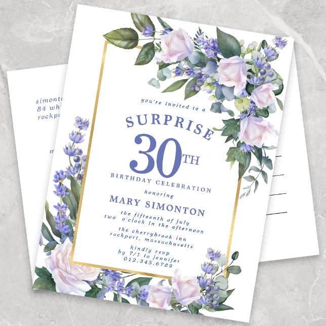 Invitation Carte Postale Blue White Gold Floral 30e Anniversaire surprise (Créateur téléchargé)