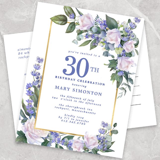 Invitation Carte Postale Blue White Gold Floral 30e fête d'anniversaire (Créateur téléchargé)