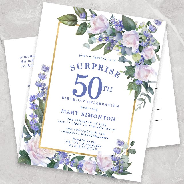 Invitation Carte Postale Blue White Gold Floral 50e Anniversaire surprise (Créateur téléchargé)