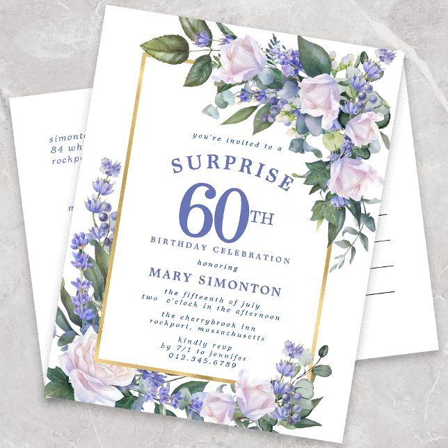 Invitation Carte Postale Blue White Gold Floral 60e Anniversaire surprise (Créateur téléchargé)