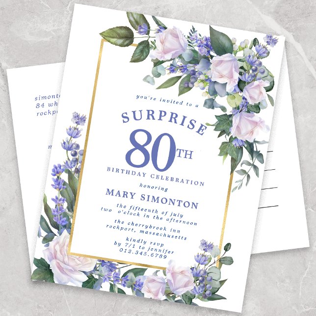 Invitation Carte Postale Blue White Gold Floral 80e Anniversaire surpris (Créateur téléchargé)