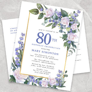 Invitation Carte Postale Blue White Gold Floral 80e fête d'anniversaire