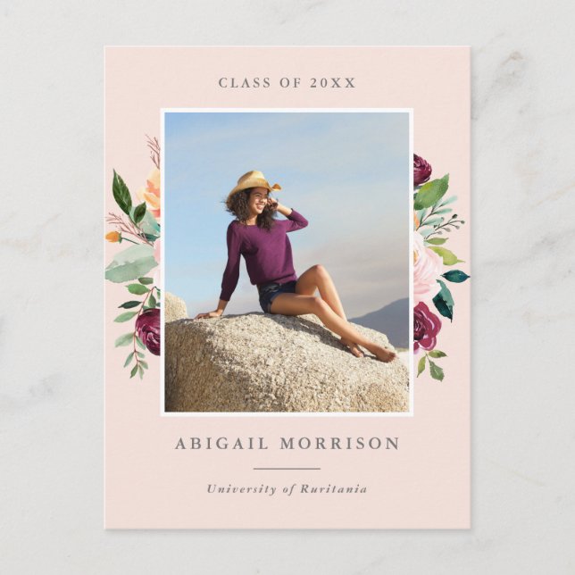Invitation Carte Postale Blush Bourgogne Floral Photo Graduation Party (Devant)