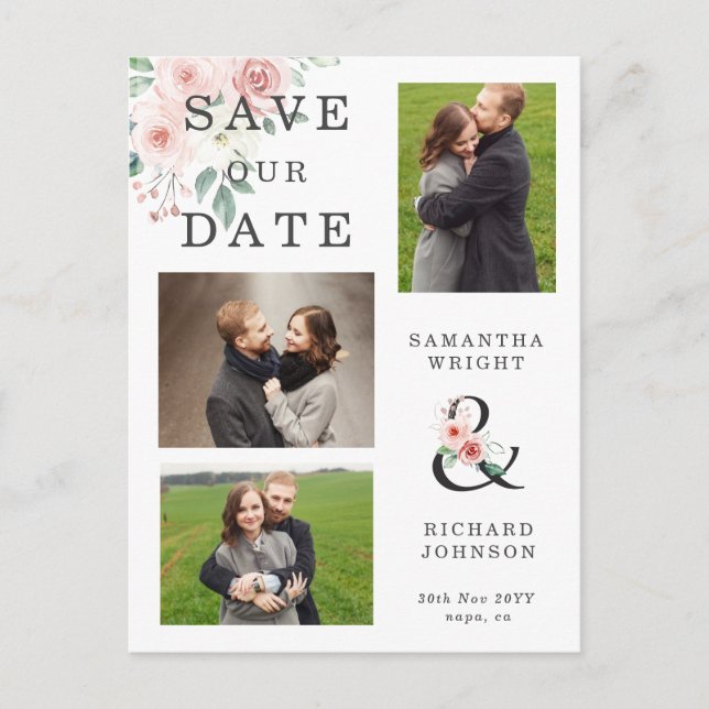 Invitation Carte Postale Blush Floral 3 Photo Wedding Enregistrer la date (Devant)