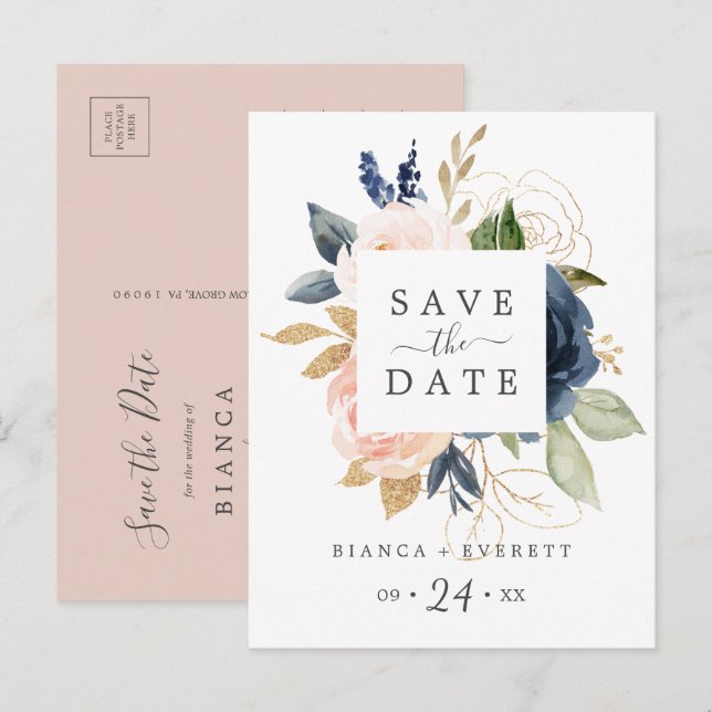 Invitation Carte Postale Blush & Navy Flowers Blanc Enregistrer la date Car (Devant / Derrière)