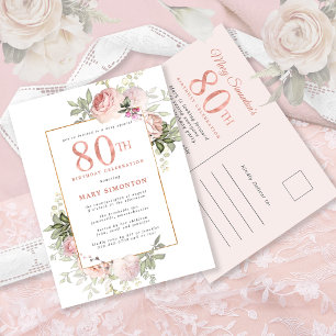 Invitation Carte Postale Blush Pink Gold Floral 80e fête d'anniversaire