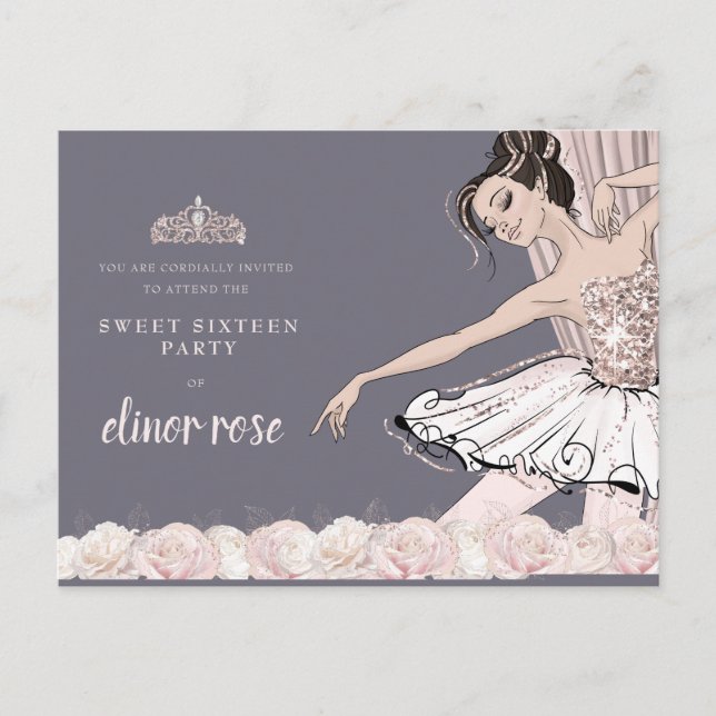 Invitation Carte Postale Blush rose Ballerina Sweet 16 Party (Devant)