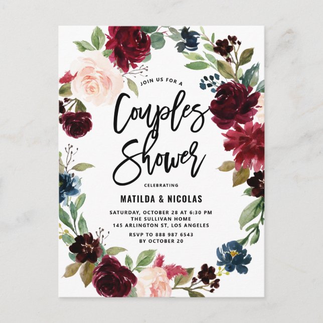 Invitation Carte Postale Boho Aquarelle Automne Wreath Couples Douche (Devant)