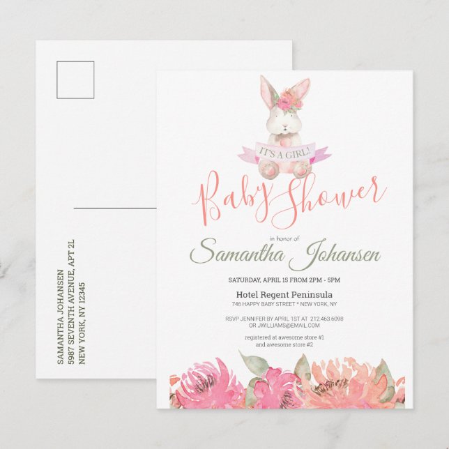 Invitation Carte Postale Boho Bunny Sucré Joli Baby shower Floral rose (Devant / Derrière)