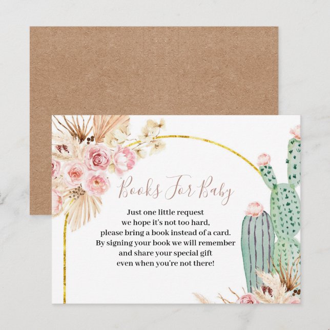 Invitation Carte Postale Boho Cactus Fleurs roses Livres pour bébé (Devant / Derrière)