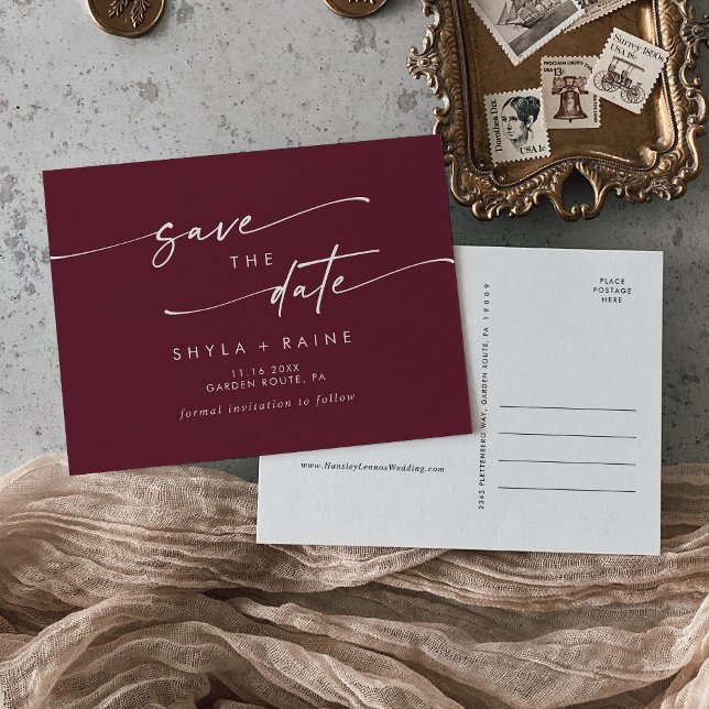 Invitation Carte Postale Boho Chic Bourgogne Mariage rouge Enregistrer la d (Créateur téléchargé)