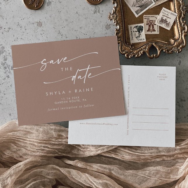 Invitation Carte Postale Boho Chic Neutral Taupe Mariage Enregistrer la dat (Créateur téléchargé)