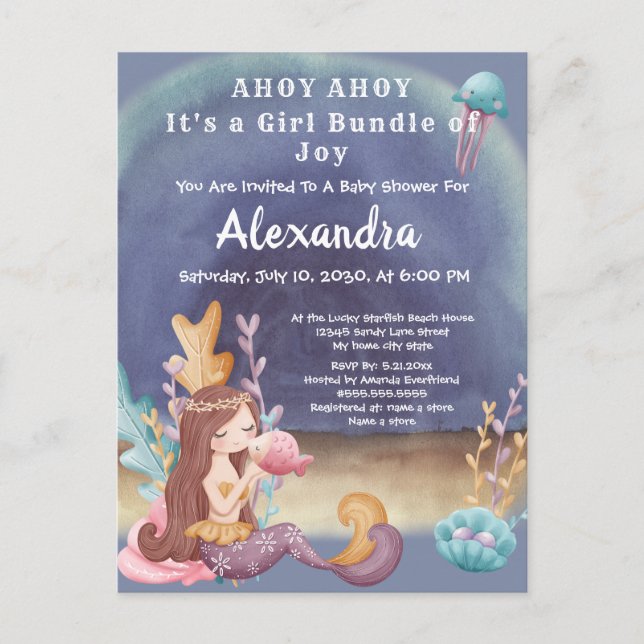 Invitation Carte Postale Boho Mermaid, Poisson tropical Baby shower fille (Devant)