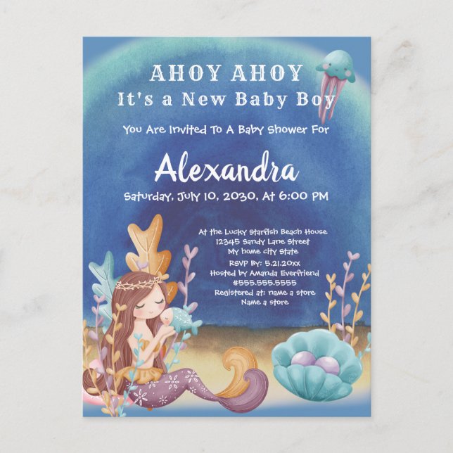 Invitation Carte Postale Boho Mermaid, sous le Baby shower Sea Boy (Devant)