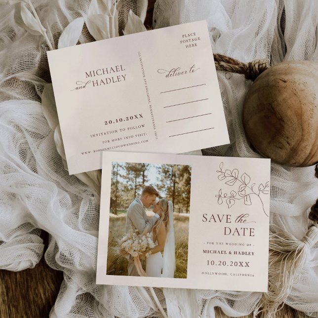 Invitation Carte Postale Boho minimaliste mariage floral Enregistrer la dat (Créateur téléchargé)