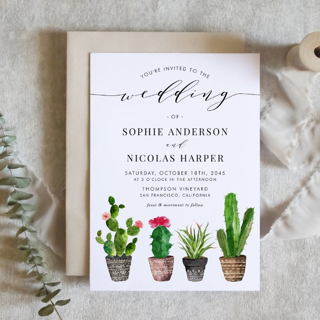 Invitation Carte Postale Boho Pot Succulents et Cactus Mariage d'été (Boho Potted Succulents and Cactus Summer Wedding Invitation Postcard)