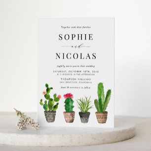 Invitation Carte Postale Boho Pot Succulents et Cactus QR Code Mariage