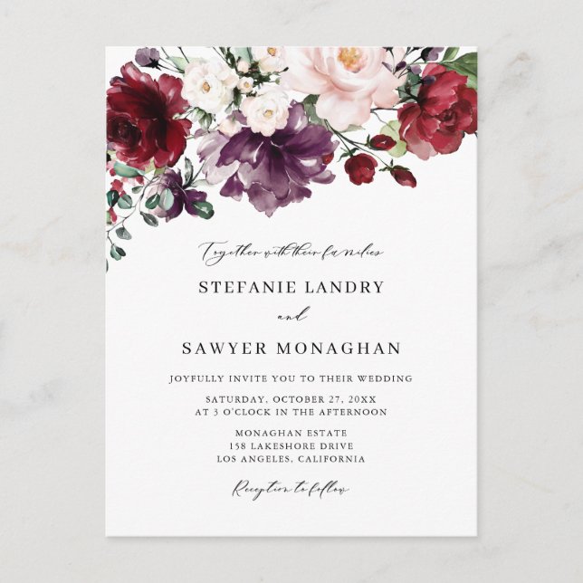 Invitation Carte Postale Boho rouge et violet Mariage d'aquarelle (Devant)