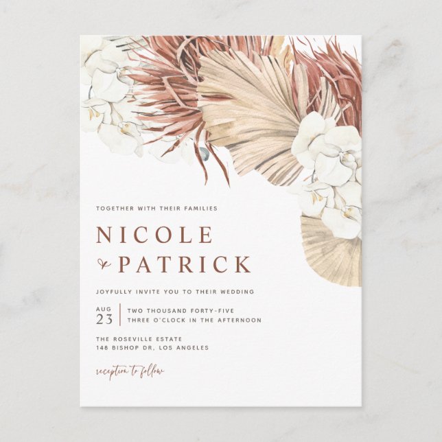 Invitation Carte Postale Boho séché Palm Feuilles et Orchidées Mariage (Devant)