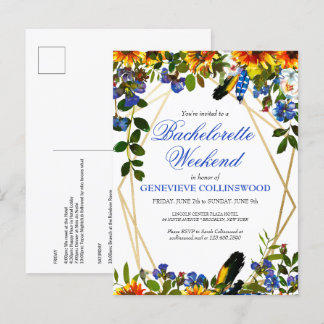Invitation Carte Postale Boho Sunflower Blue Bachelorette Week-end Itinérai